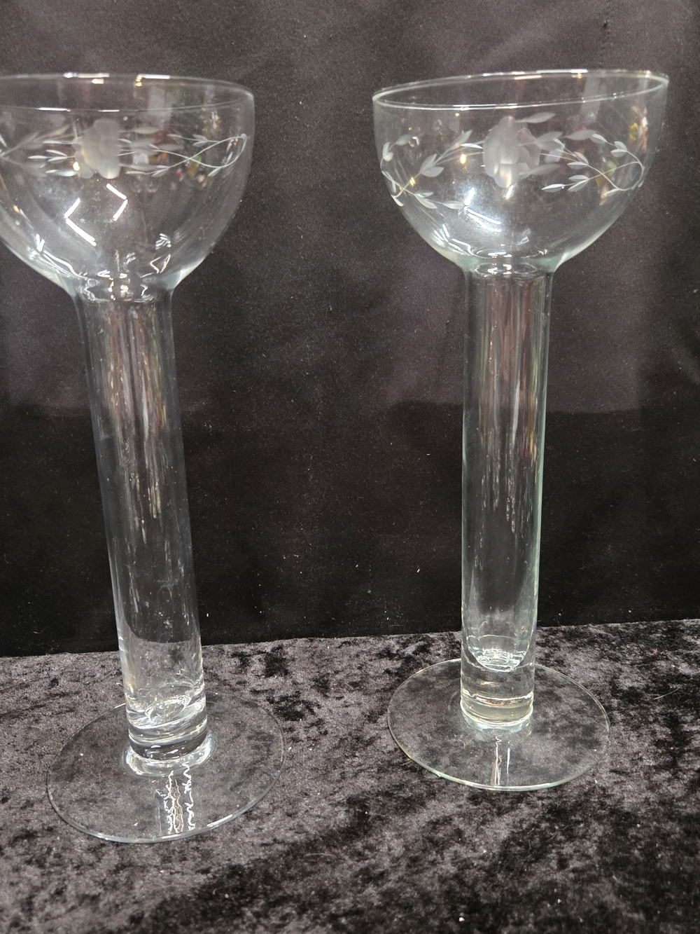 Vintage Set of 2 Princess House Heritage Tall Etched Floral Glass Candle Holders